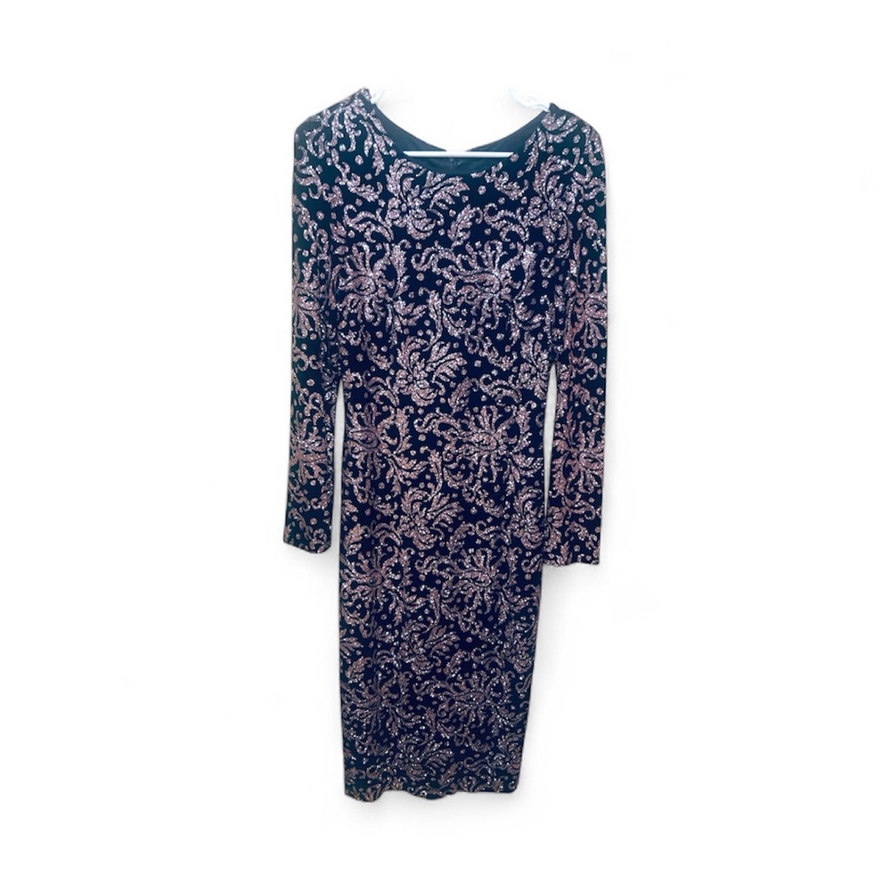 Betsy & Adam Black Dress with Silver Floral Design